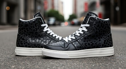Black leather high top sneakers displayed outdoors