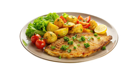 Delicious pan fried fish fillet with fried potatoes and fresh salad