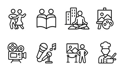 Art and culture outline icons set – line style creativity, education, and wellness symbols for lifestyle enhancement: dance, reading, meditation, painting, cinema, music, photography, cooking.