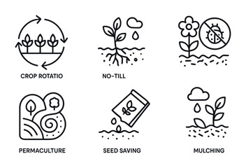 Sustainable farming outline icons – linear style agriculture, eco-friendly, and organic symbols for green practices: crop rotation, no-till, permaculture, seed saving, mulching.