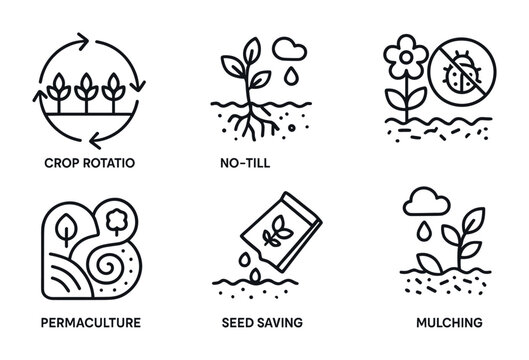 Sustainable farming outline icons – linear style agriculture, eco-friendly, and organic symbols for green practices: crop rotation, no-till, permaculture, seed saving, mulching.