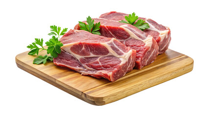 Fototapeta premium Three delicious looking chuck steaks sitting on a wooden cutting board