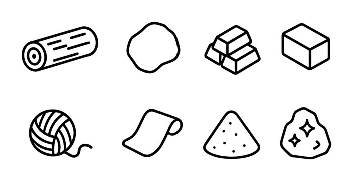 Basic materials icons set – outline style resource, raw material, and manufacturing symbols: log, clay, metal bars, brick, yarn, fabric roll, sand, stone