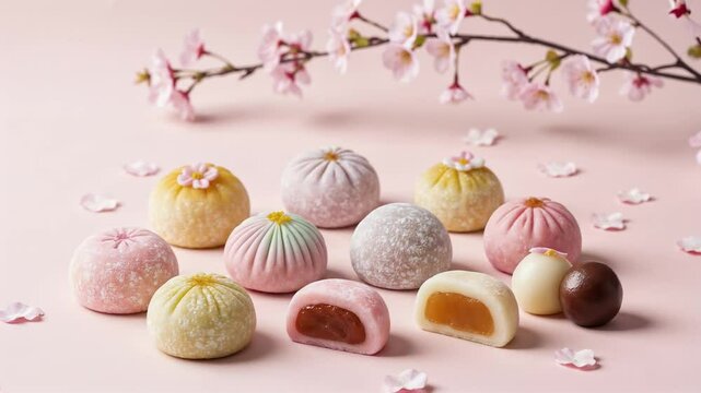 Delicate Japanese sweets arranged artfully on pink background  