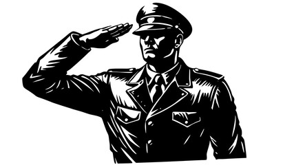 Minimalist figure of a soldier saluting, in monochrome