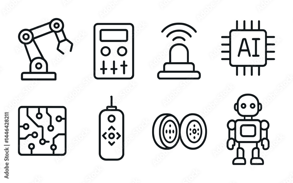 Poster robotics and ai outline icons – line style technology and automation symbols for futuristic designs: