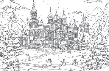 Obraz premium Winter wonderland scene with a majestic castle nestled in a snowy landscape, featuring snowmen