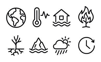 Climate change icons representing global warming, flooding, drought, and natural disasters for environmental awareness design