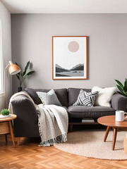 Scandinavian Style Living Room with Cozy Sofa, Art Poster, and Blanket