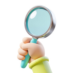 3D illustration of a cartoon hand gripping magnifying glass search symbol for business or science on transparent  background