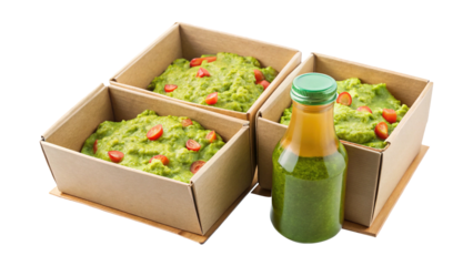 Three servings of green food in takeout boxes, alongside a green smoothie bottle
