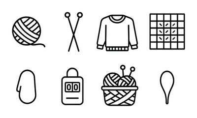 Knitting and crafting outline icon set - linear style yarn, stitching, and diy tools for crafting projects: yarn ball, knitting needles, sweater, pattern, mitten, row counter.