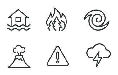 Natural disaster outline icons – linear emergency, weather, and hazard symbols for safety planning: flood, wildfire, hurricane, volcano, warning, thunderstorm.