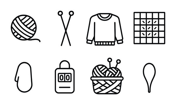 Knitting and crafting outline icon set - linear style yarn, stitching, and diy tools for crafting projects: yarn ball, knitting needles, sweater, pattern, mitten, row counter.