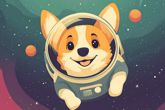 Cute corgi in a space suit floating in a colorful galaxy with planets in the background
