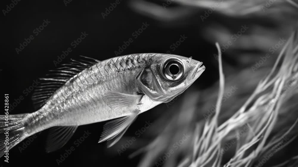 Poster a close-up view of a fish in a monochrome image, great for use in illustrations or designs where a s