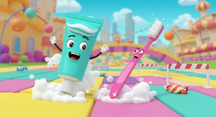 Obraz premium Cartoon illustration of smiling toothpaste and toothbrush with city background