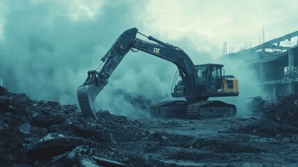 Powerful excavator at work on a dusty construction site against dramatic sky