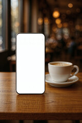 Teléfono móvil con pantalla en blanco junto a una taza de café sobre una mesa de madera en un ambiente de cafetería. Ideal para proyectos sobre tecnología y estilo de vida