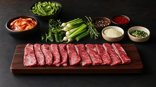 Freshly cut beef strips arranged on a wooden board with assorted sides.
