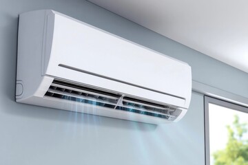 A white air conditioner unit mounted on a wall, blowing cool air into a room, near a window with trees outside.