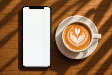 Teléfono móvil con pantalla en blanco junto a una taza de café con latte art en forma de corazón sobre una mesa de madera. Ideal para proyectos sobre tecnología y estilo de vida