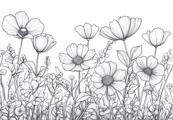 Black and white line drawing of various flowers and plants. Detailed depiction of blossoms and foliage