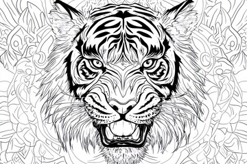 Obraz premium Close-up black and white tiger head, fierce expression, intricate details, decorative background