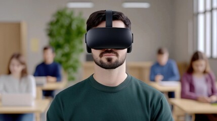 A bearded man wearing VR headset in a classroom, with blurred students in the background.