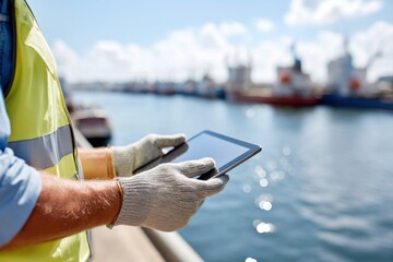 Dock worker using tablet near harbor with ships.