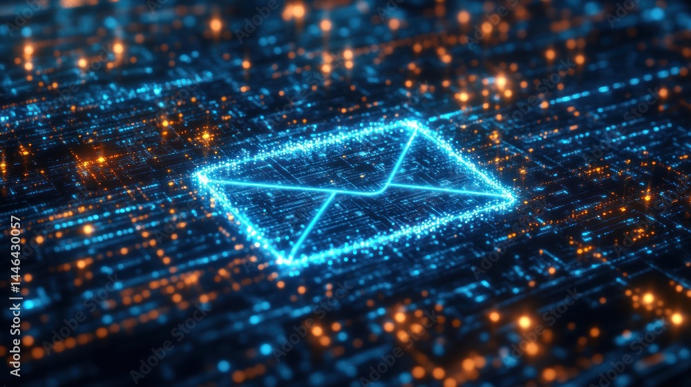 Aufkleber futuristic glowing envelope symbol emerging from a digital data stream