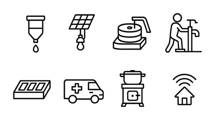 Sustainable energy icons set – outline style renewable resources and technology symbols for eco innovation: water pump, solar panel, mill, manual pump, battery, ambulance, stove, smart home