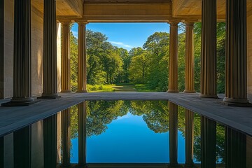 Serene Reflection Pool Classic Architecture Tranquil Garden Peaceful Summer Day Sunlight Columns Reflecting Water Blue Sky Green Trees Ancient Temple Beautiful Nature Scenery      