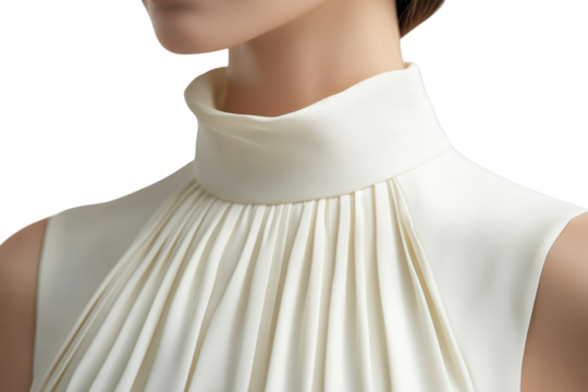 Elegant ivory high neck sleeveless top detail shot showcasing exquisite pleats and soft fabric