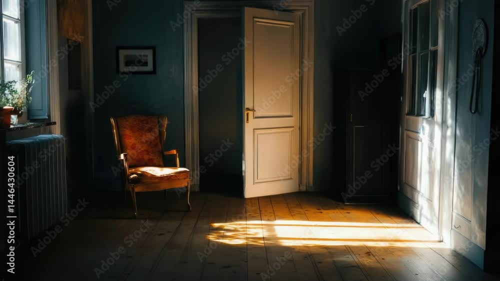Poster a single chair sits in a room with the door left open, perfect for capturing attention or conveying 