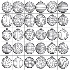 Set of 36 decorative Christmas ornaments. Various designs. Geometric patterns and textures.  Each ornament has a circular shape with intricate line work