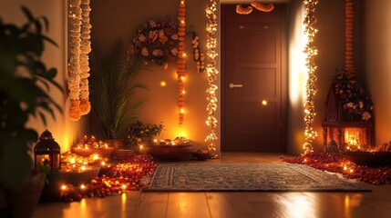 Warm interior decor celebrating traditions with lights, flowers, and festive ambiance