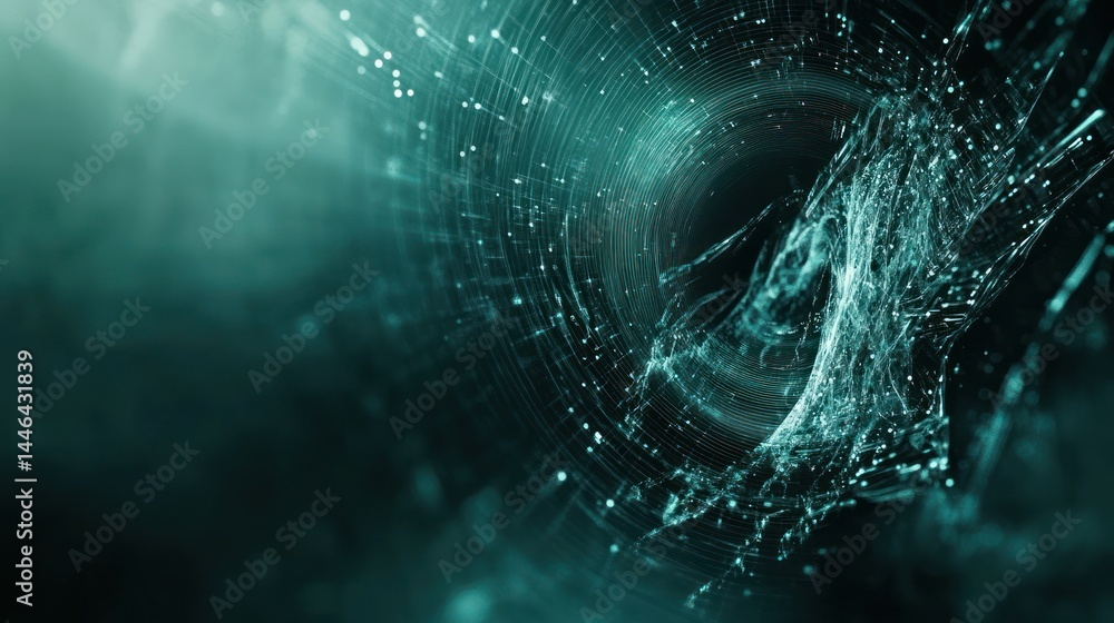 Poster teal swirling nebula with glowing particles, creating a vortex effect
