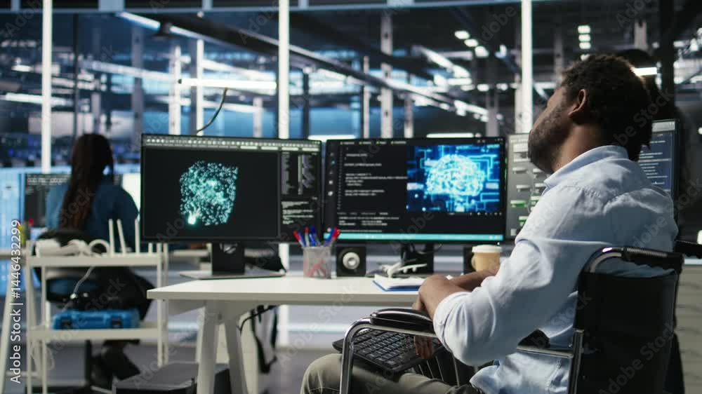 Poster man in wheelchair dissatisfied with server farm ai analytics metrics. data center admin with paraple