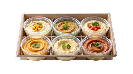 Variety of hummus flavors beautifully arranged in a takeout container, ready to eat