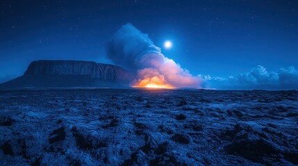 Volcanic Eruption under Night Sky Iceland, Glowing Magma and Billowing Clouds