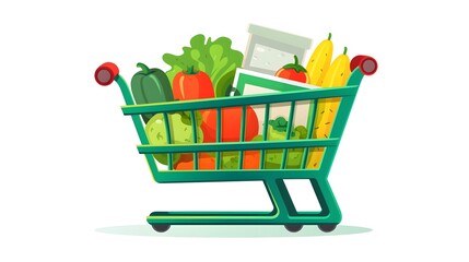 Professional full shopping supermarket cart for grocery items on white background