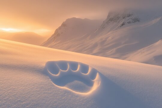 A large bear's paw print in the snow during a stunning sunrise, nestled amidst snow-covered mountains.
