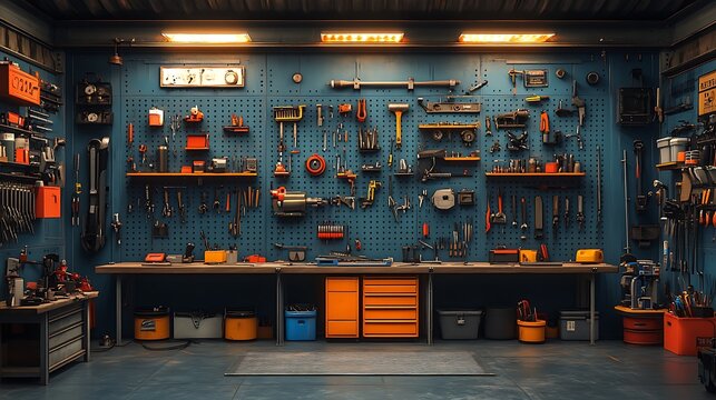 Well-lit tool garage setup modern high resolution image