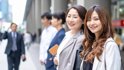 屋外に並ぶ日本人ビジネスウーマンたち