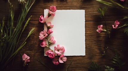 Obraz premium Blank paper with flowers on wooden surface