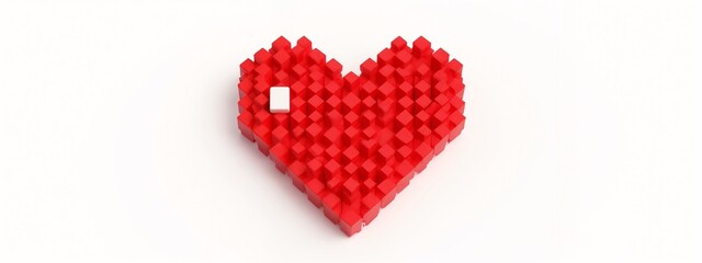 A red heart made out of small cubes on a white surface.