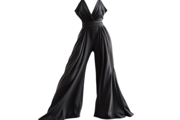 Elegant black jumpsuit wide leg design V neck perfect for evening events sophisticated style flowing