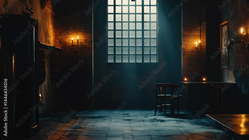 Poster a quiet evening scene with a dimly lit room, featuring a table and two chairs