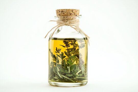 Herbal Infused Olive Oil in Glass Bottle Rustic Decor Kitchen Still Life Photography Natural Ingredients Healthy Cooking Thyme Rosemary Herbs Aromatic Oil Bottle food green plant  
